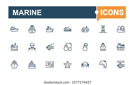Marine icons set. Containing wave, logistic, water, radar, wheel, shipping, lighthouse and more. Simple icon designs. Vector line and solid icons.