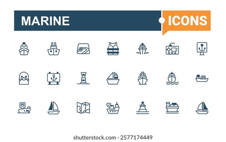 Marine icons set. Containing wave, logistic, water, radar, wheel, shipping, lighthouse and more. Simple icon designs. Vector line and solid icons.