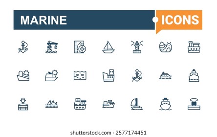 Marine icons set. Containing wave, logistic, water, radar, wheel, shipping, lighthouse and more. Simple icon designs. Vector line and solid icons.