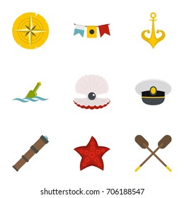 Marine icons set. Flat style set of 9 marine vector icons for web design