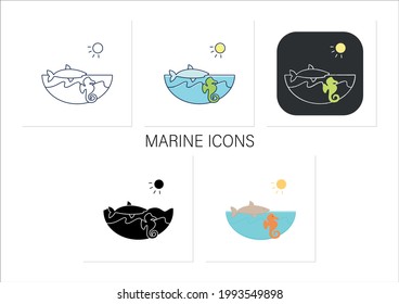 Marine icons set. Made up of the saltwater oceans. Living place for shark, seahorse etc. Underwater world. Seascape.Collection of icons in linear, filled, color styles.Isolated vector illustrations