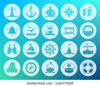 Marine icons set. Web sign kit of nautical. Sea Knot pictogram collection includes anchor, window, boat, captain hat. Simple marine vector symbol. Icon shape carved from circle on colorful background