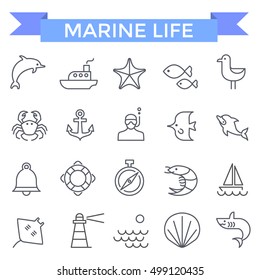 Marine icons, thin line flat design