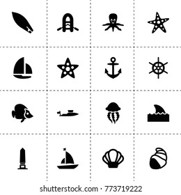 Marine icons. vector collection filled marine icons. includes symbols such as boat, yacht, boat, starfish, shell, octopus, shark flipper. use for web, mobile and ui design.