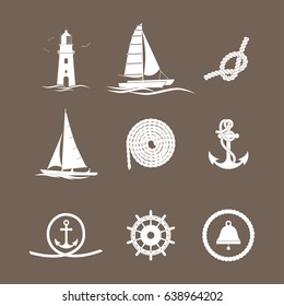 Marine icons yacht, lighthouse, rope, steering wheel, bell