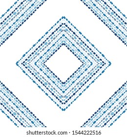 Marine Ikat Elegant Seamless Pattern. Cobalt Shibori Aztec Vector Pattern. Rhombus Repeat Design. Navajo Ikat Textile Vector Texture. Ikat.