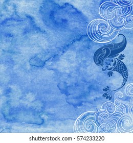 Marine illustration with cartoon mermaid and waves on a blue watercolor background.