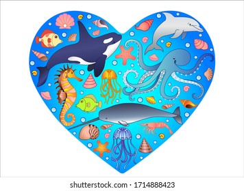 Marine illustration in the form of a heart with marine inhabitants inside. Vector image with fish, marine mammals and mollusks on a blue background in the form of a heart. I love the ocean. ecology 