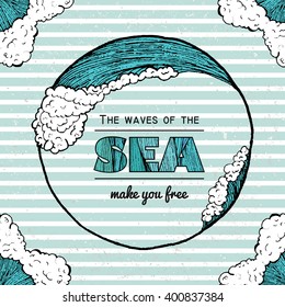 marine illustration. hand drawn sea waves frame. cute cartoon style