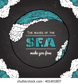 marine illustration. hand drawn sea waves frame. cute cartoon style