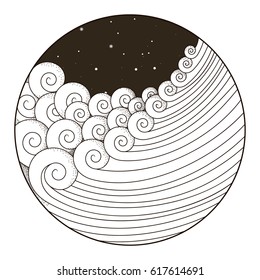 Marine illustration. Hand drawn sea waves round frame 