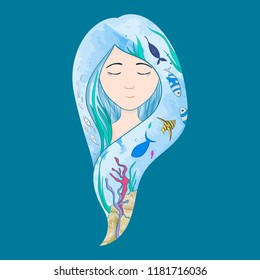 Marine illustration. Little cute cartoon mermaid, funny fish