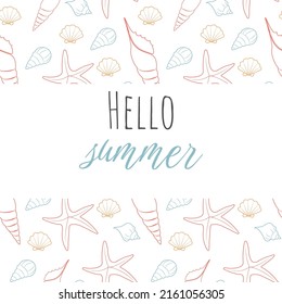 Marine illustration of ocean shellfish. Seashells frame for summer. Isolated. Sea poster. Line background with shells and starfish