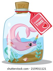Marine illustrations. Little cute cartoon pink narwhal in bottles  cartoon illustration for summer holidays.