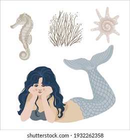Marine illustrations. Reclining mermaid, isolated objects on white background. Vector.