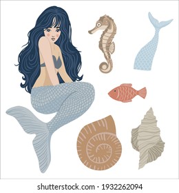 Marine illustrations. Seated mermaid, isolated objects on white background. Vector.