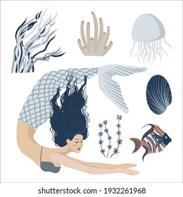 Marine illustrations set. Diving mermaid and isolated objects on white background. Vector