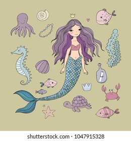 Marine illustrations set. Little cute cartoon mermaid, funny fish, starfish, bottle with a note, algae, various shells and crab. Sea theme.  Vector. 