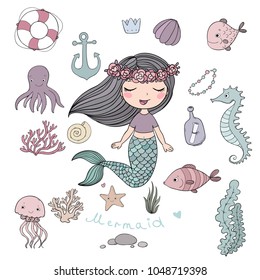 Marine illustrations set. Little cute cartoon mermaid, funny fish, starfish, bottle with a note, algae, various shells and crab. Sea theme. isolated objects on white background. Vector. 