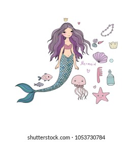 Marine illustrations set. Little cute cartoon mermaid, funny fish, starfish, bottle with a note, algae, various shells and jellyfish. Sea theme. Vector. 