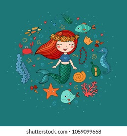 Marine illustrations set. Little cute cartoon mermaid, funny fish, starfish, bottle with a note, algae, various shells and crab. Sea theme.Vector. 