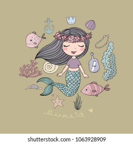 Marine illustrations set. Little cute cartoon mermaid, funny fish, starfish, bottle with a note, algae, various shells and crab. Sea theme. isolated objects on white background. Vector. 