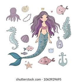 Marine illustrations set. Little cute cartoon mermaid, funny fish, starfish, bottle with a note, algae, various shells and crab. Sea theme. isolated objects on white background. Vector. 