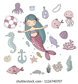 Marine illustrations set. Little cute cartoon mermaid, funny fish, starfish, bottle with a note, algae, various shells. Sea theme. isolated objects on white background. Vector. 