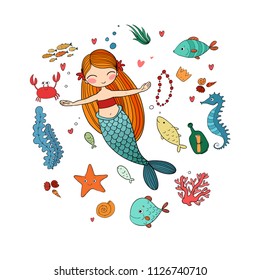 Marine illustrations set. Little cute cartoon mermaid, funny fish, starfish, bottle with a note, algae, various shells and crab. Sea theme. isolated objects on white background. Vector. 