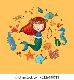 Marine illustrations set. Little cute cartoon mermaid, funny fish, starfish, bottle with a note, algae, various shells and crab. Sea theme. isolated objects on white background. Vector. 
