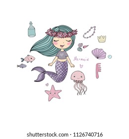 Marine illustrations set. Little cute cartoon mermaid, funny fish, starfish, bottle with a note, algae, various shells and jellyfish. Sea theme. Vector.
