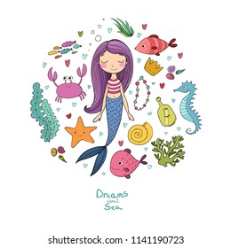 Marine illustrations set. Little cute cartoon mermaid, funny fish, starfish, bottle with a note, algae, various shells and crab. Sea theme. isolated objects on white background. Vector. 