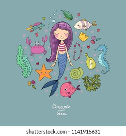 Marine illustrations set. Little cute cartoon mermaid, funny fish, starfish, bottle with a note, algae, various shells. Sea theme. isolated objects on white background. Vector. 