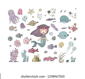 Marine illustrations set. Little cute cartoon mermaid, funny fish, octopus, different algae. Sea theme. isolated objects on white background. Vector. 