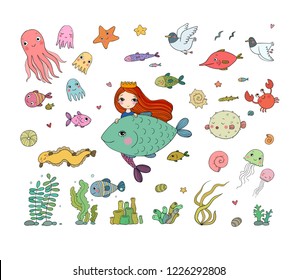 Marine illustrations set. Little cute cartoon mermaid, funny fish, octopus, different algae. Sea theme. isolated objects on white background. Vector. 