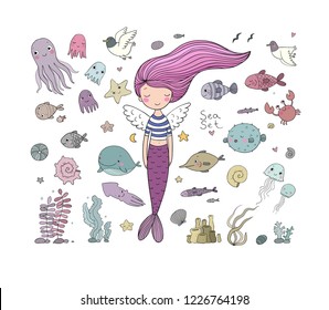 Marine illustrations set. Little cute cartoon mermaid, funny fish, octopus, different algae. Sea theme. isolated objects on white background. Vector. 