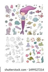 Marine illustrations set. Little cute cartoon mermaid, funny fish, octopus, different algae. Sea theme. isolated objects on white background. Vector. 