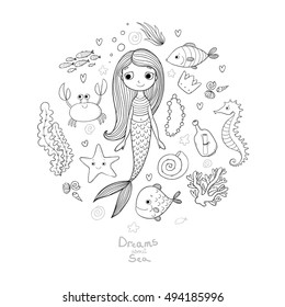 Marine illustrations set. Little cute cartoon mermaid, funny fish, starfish, bottle with a note, algae, various shells and crab. Sea theme. isolated objects on white background. Vector. 