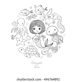 Marine illustrations set. Little cute cartoon mermaid, funny fish, starfish, bottle with a note, algae, various shells and crab. Sea theme. isolated objects on white background. Vector. 