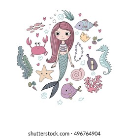 Marine illustrations set. Little cute cartoon mermaid, funny fish, starfish, bottle with a note, algae, various shells and crab. Sea theme. isolated objects on white background. Vector. 