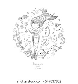 Marine illustrations set. Little cute cartoon mermaid, funny fish, starfish, bottle with a note, algae, various shells and crab. Sea theme. isolated objects on white background. Vector. 