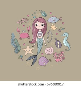 Marine illustrations set. Little cute cartoon mermaid, funny fish, starfish, bottle with a note, algae, various shells and crab. Sea theme. Vector. 
