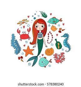Marine illustrations set. Little cute cartoon mermaid, funny fish, starfish, bottle with a note, algae, various shells and crab. Sea theme. isolated objects on white background. Vector. 