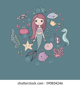 Marine illustrations set. Little cute cartoon mermaid, funny fish, starfish, bottle with a note, algae, various shells and crab. Sea theme. isolated objects on white background. Vector. 