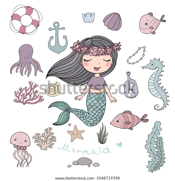 海のイラストセット 可愛い人魚 おかしな魚 ヒトデ メモと瓶 藻 様々な貝 カニ 海のテーマ 白い背景に分離型オブジェクト ベクター画像 のベクター画像素材 ロイヤリティフリー