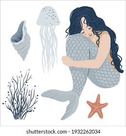 Marine illustrations set. Seated mermaid and isolated objects on white background. Vector