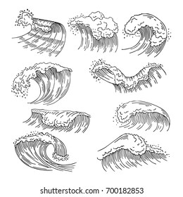 Marine illustrations of water splashes and big waves. Vector hand drawn pictures