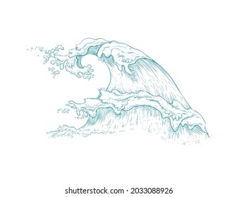 Marine image of giant sea wave hand drawn in thin blue line, vector illustration isolated on white background. Single storm sea water wave in engraving style.