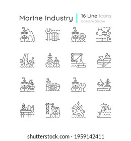 Marine Industry Linear Icons Set. Arctic Exploration. Underwater Pipeline Repair. Maritime Security. Customizable Thin Line Contour Symbols. Isolated Vector Outline Illustrations. Editable Stroke