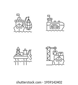 Marine Industry Sector Linear Icons Set. Industrial Fishing. Vehicle Carrier Ship. Offshore Oil Platform. Customizable Thin Line Contour Symbols. Isolated Vector Outline Illustrations. Editable Stroke